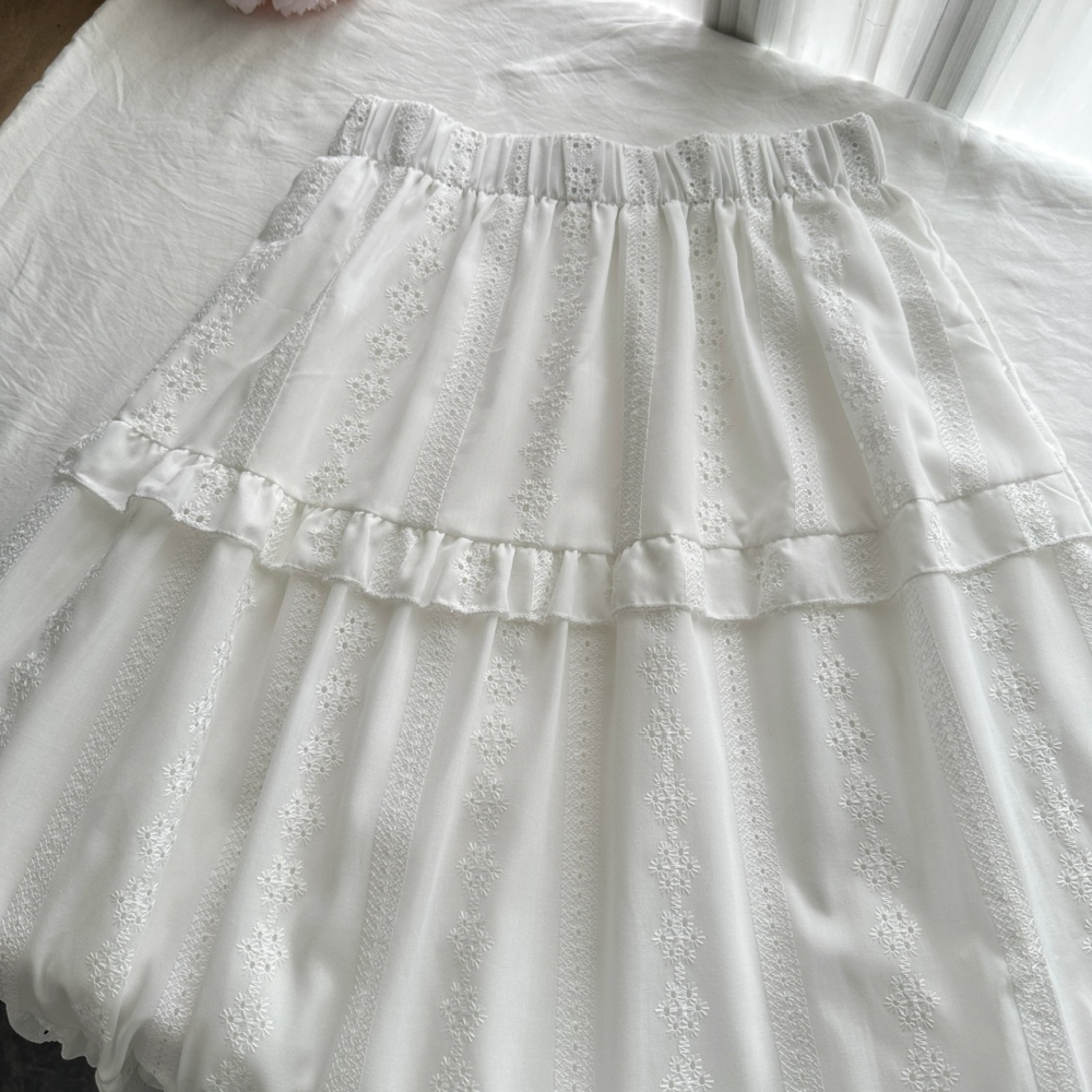 White black hollow shirt lace cake long skirt 2pcs set