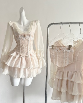 Romantic splice sweet V-neck lace France style dress