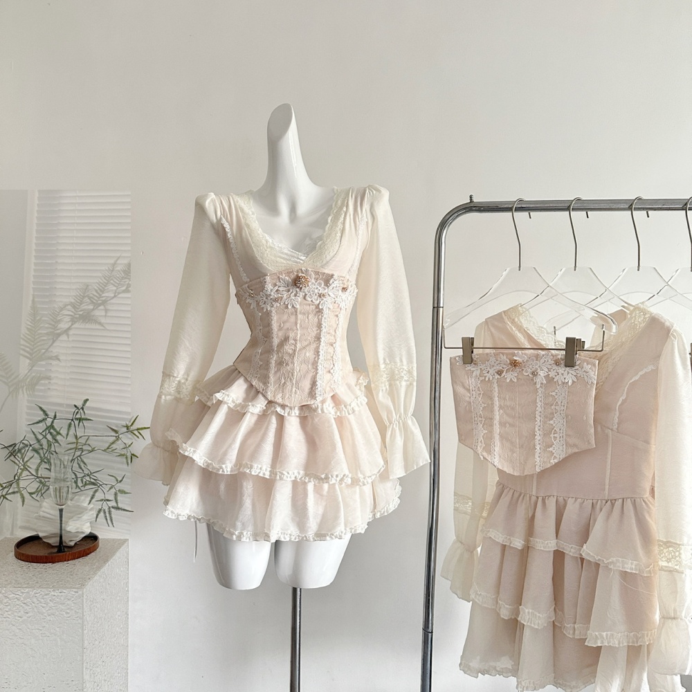 Romantic splice sweet V-neck lace France style dress