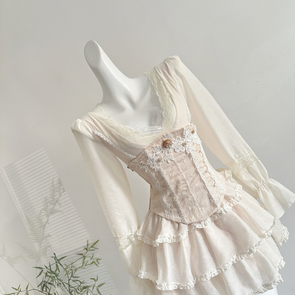 Romantic splice sweet V-neck lace France style dress