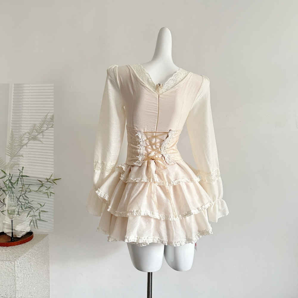 Romantic splice sweet V-neck lace France style dress
