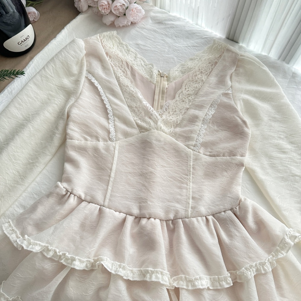 Romantic splice sweet V-neck lace France style dress