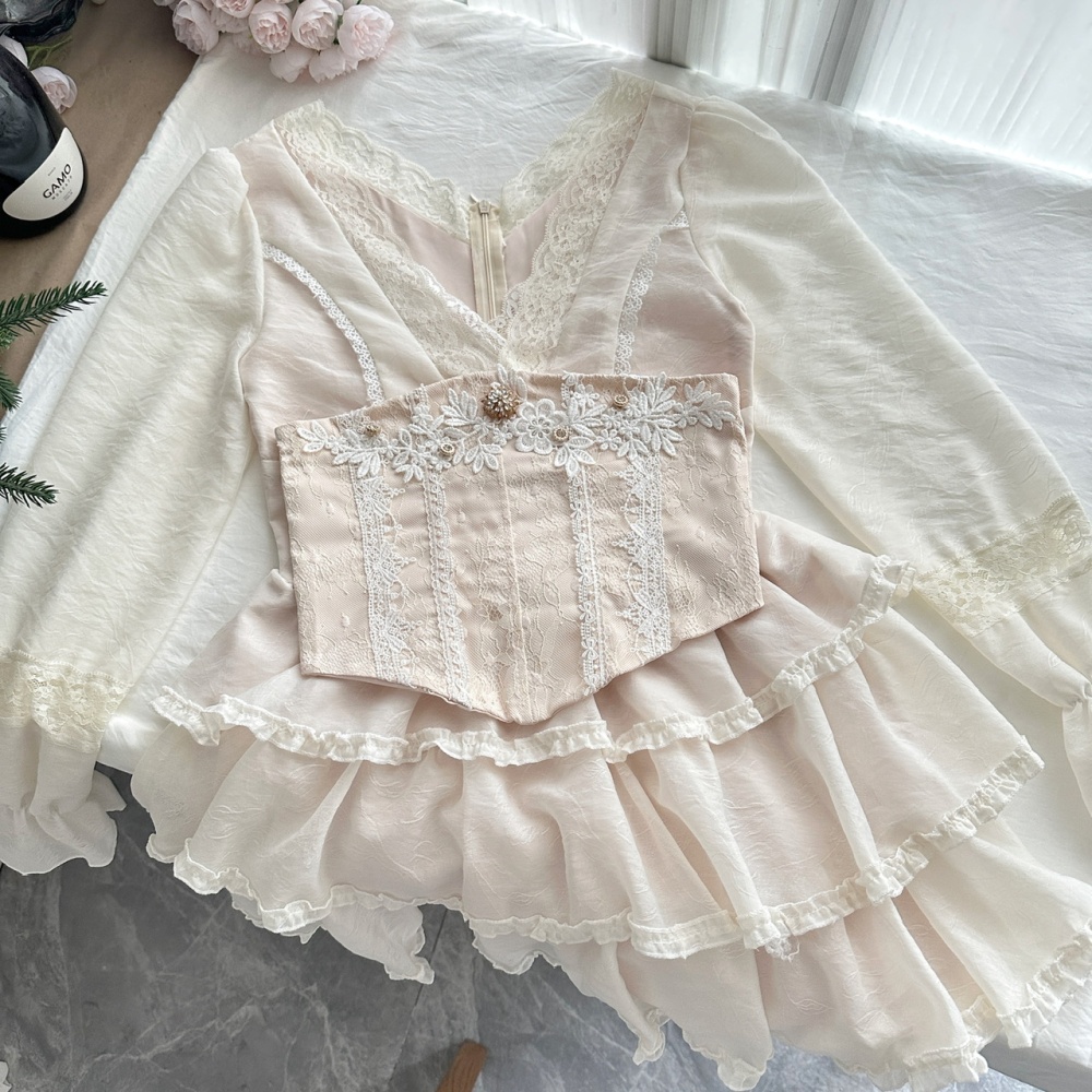 Romantic splice sweet V-neck lace France style dress