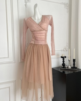 Gauze ballet V-neck tops lace long sleeve skirt