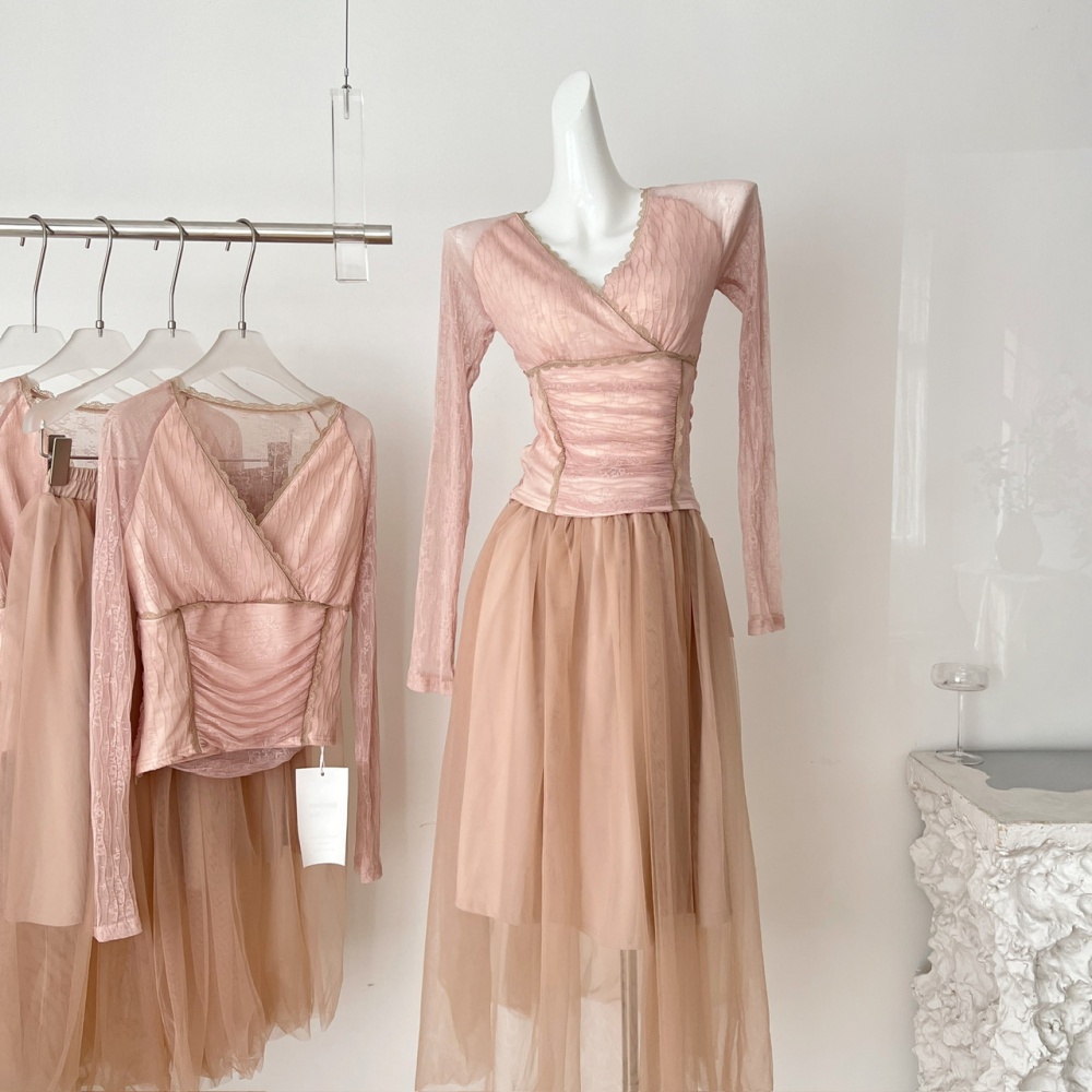 Gauze ballet V-neck tops lace long sleeve skirt