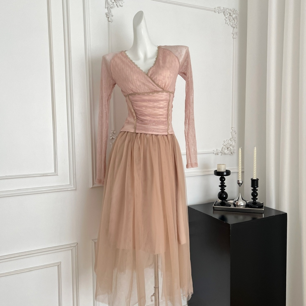 Gauze ballet V-neck tops lace long sleeve skirt