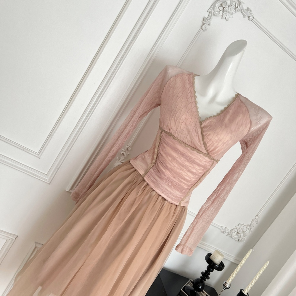 Gauze ballet V-neck tops lace long sleeve skirt