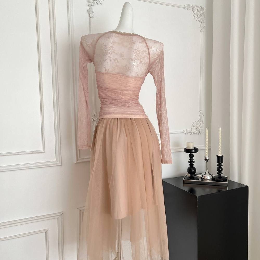 Gauze ballet V-neck tops lace long sleeve skirt