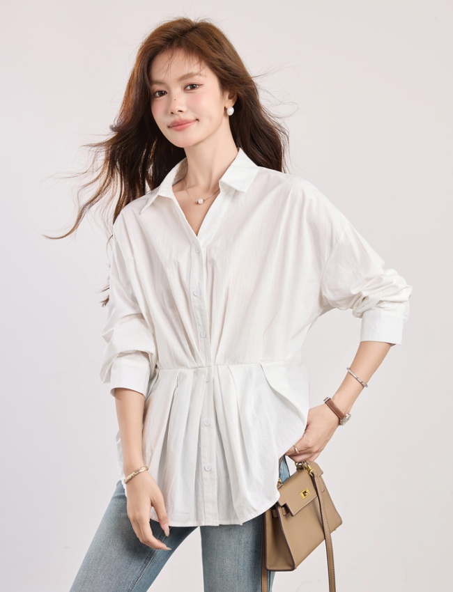 Long sleeve white tops pure cotton small shirt for women