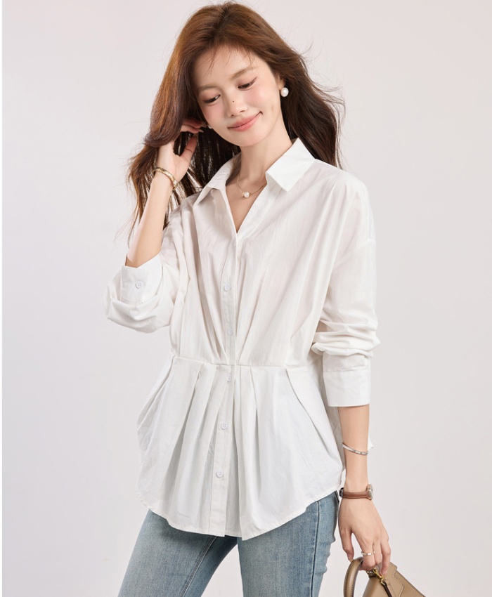 Long sleeve white tops pure cotton small shirt for women