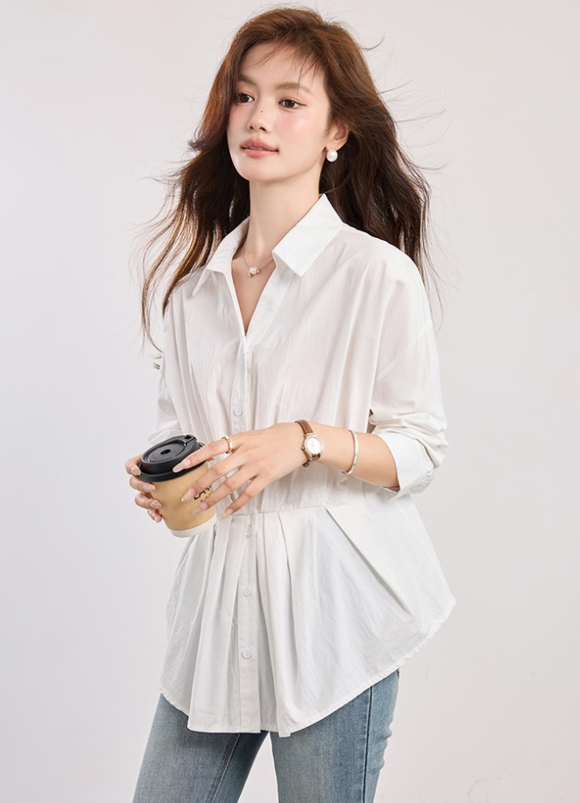 Long sleeve white tops pure cotton small shirt for women