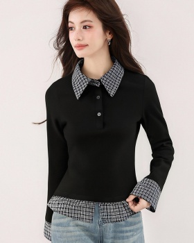 Splice plaid T-shirt slim autumn tops for women