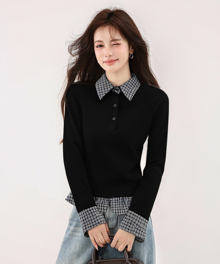Splice plaid T-shirt slim autumn tops for women