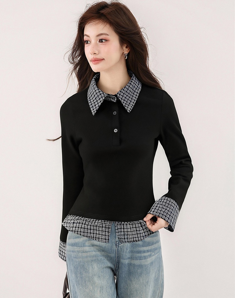Splice plaid T-shirt slim autumn tops for women
