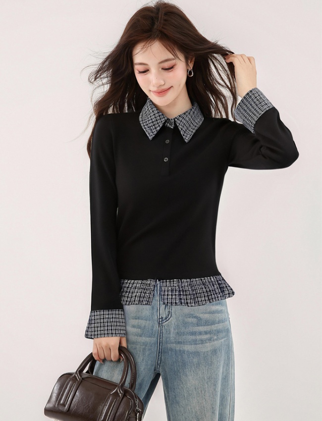 Splice plaid T-shirt slim autumn tops for women
