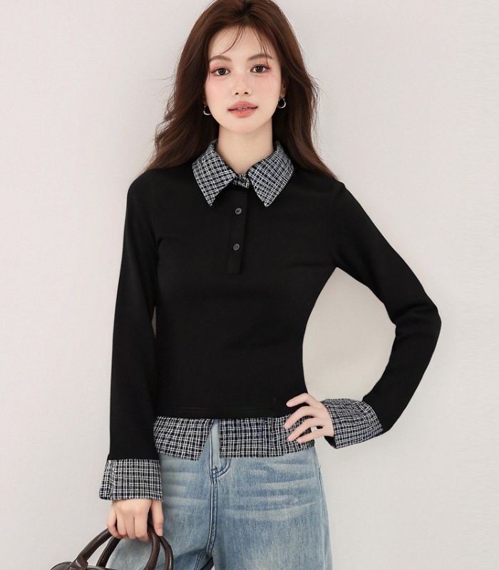Splice plaid T-shirt slim autumn tops for women