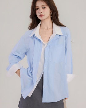 Autumn loose double collar blue mixed colors shirt