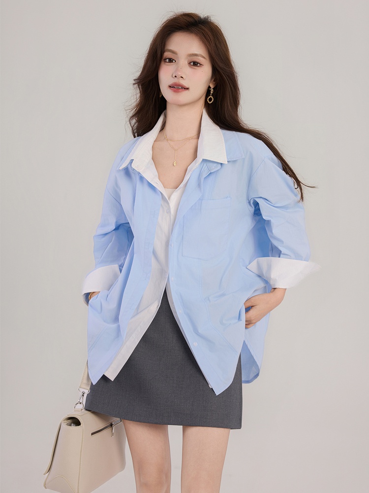 Autumn loose double collar blue mixed colors shirt