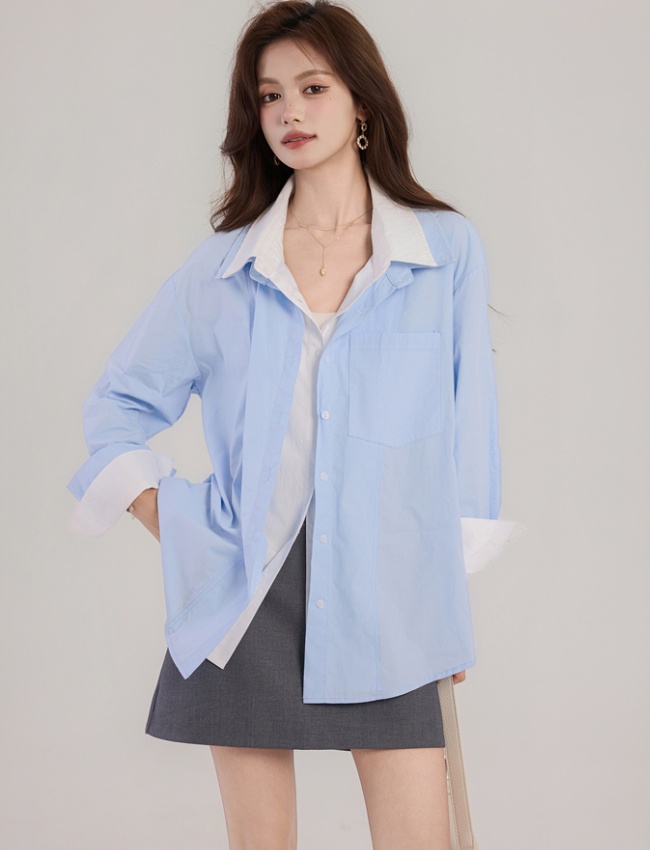 Autumn loose double collar blue mixed colors shirt
