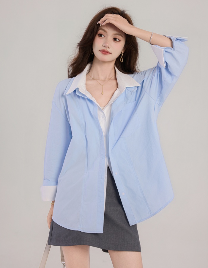 Autumn loose double collar blue mixed colors shirt