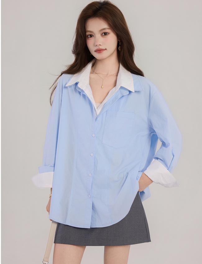Autumn loose double collar blue mixed colors shirt