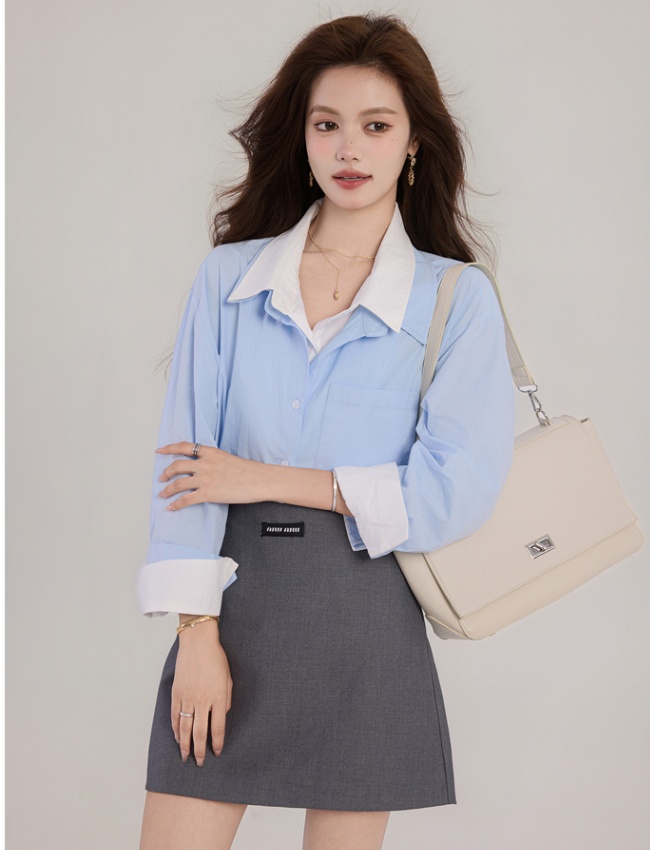 Autumn loose double collar blue mixed colors shirt