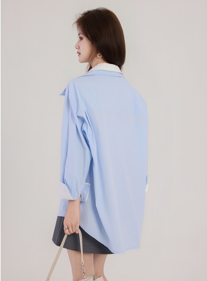Autumn loose double collar blue mixed colors shirt