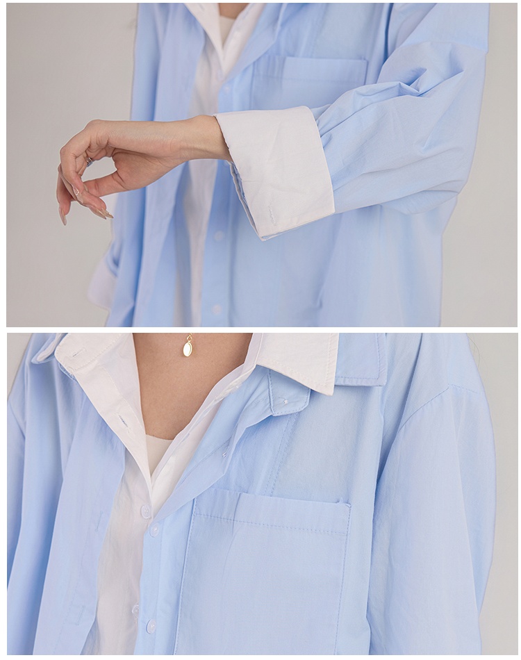Autumn loose double collar blue mixed colors shirt