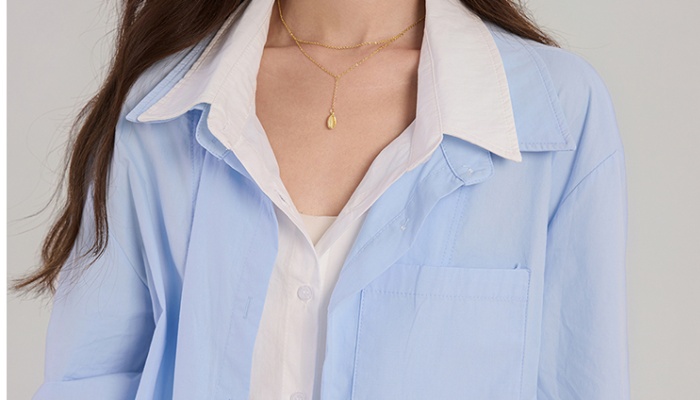 Autumn loose double collar blue mixed colors shirt
