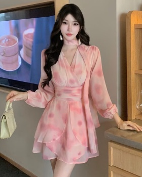 Long sleeve spring and autumn blooming lady V-neck dress