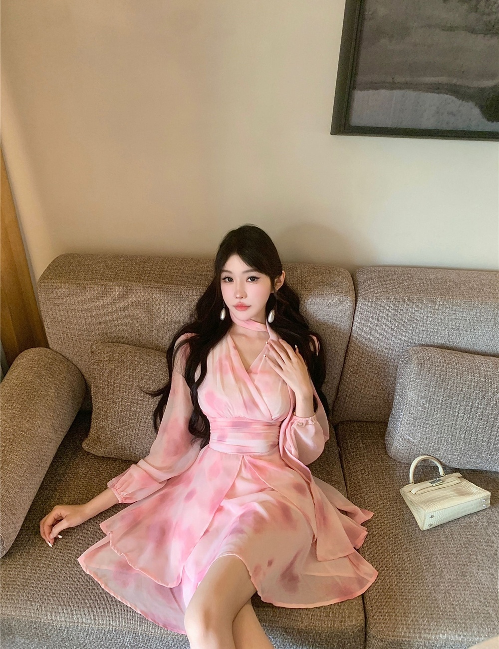 Long sleeve spring and autumn blooming lady V-neck dress