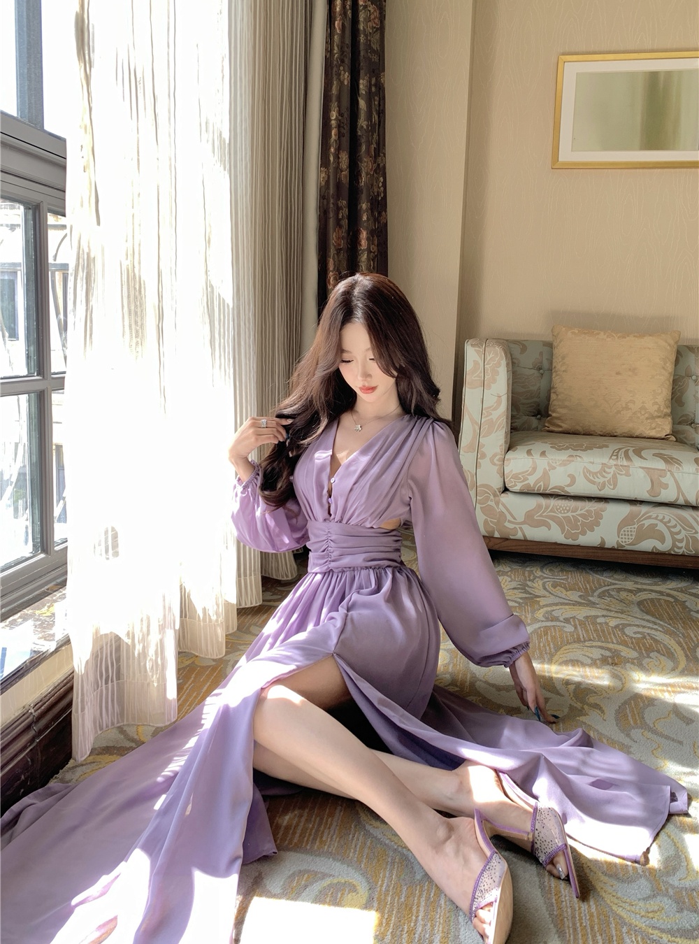 Purple vacation halter dress seaside France style long dress