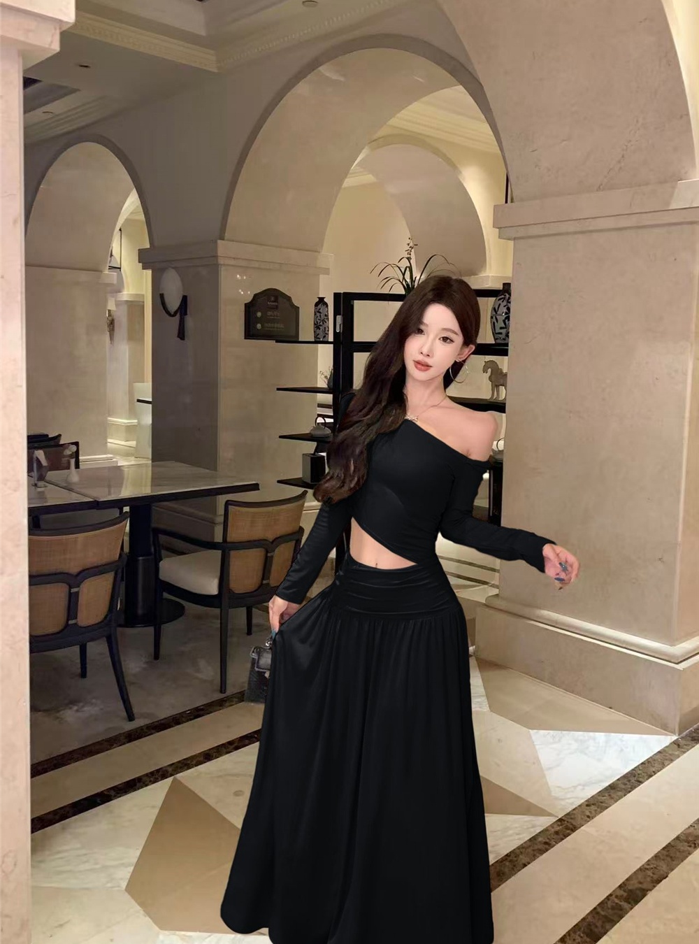 Split hollow long dress long sleeve autumn dress for women