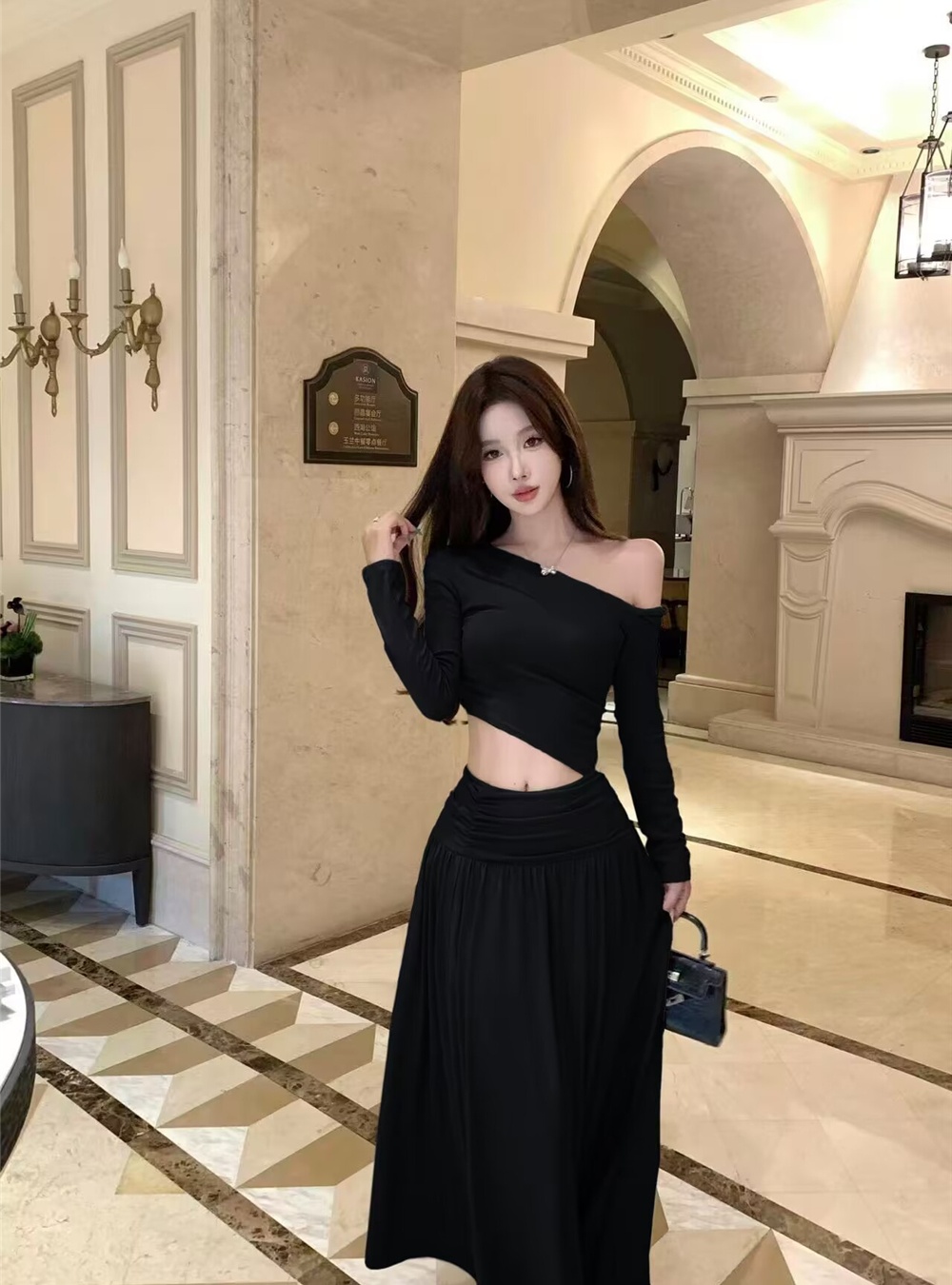 Split hollow long dress long sleeve autumn dress for women