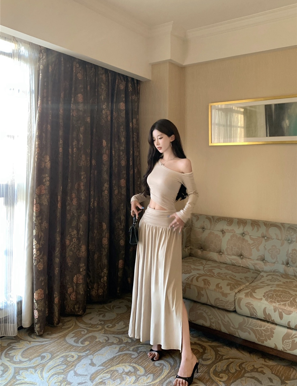Split hollow long dress long sleeve autumn dress for women