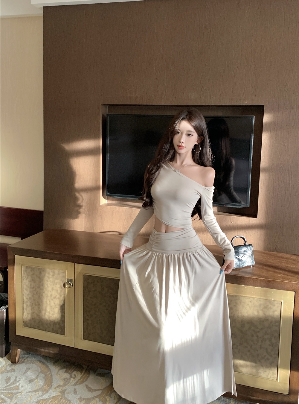 Split hollow long dress long sleeve autumn dress for women