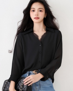 Autumn elegant retro black France style long sleeve lace shirt
