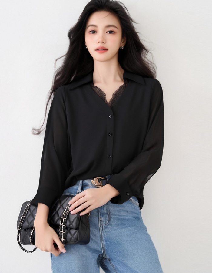 Autumn elegant retro black France style long sleeve lace shirt