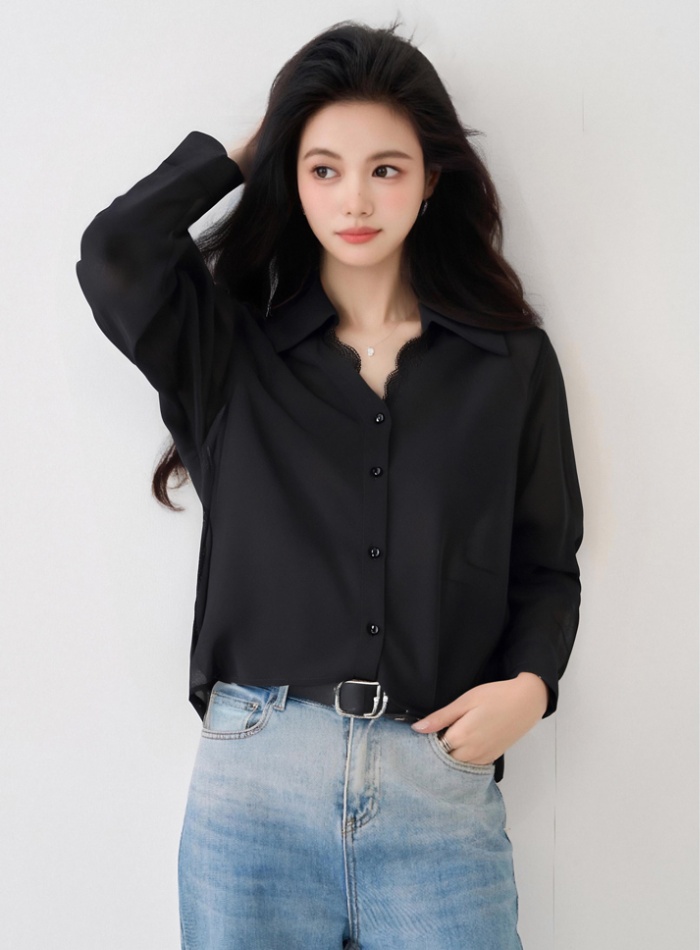 Autumn elegant retro black France style long sleeve lace shirt