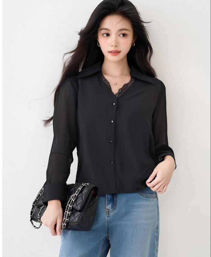 Autumn elegant retro black France style long sleeve lace shirt