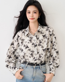 Butterfly long sleeve retro tops autumn loose chiffon shirt