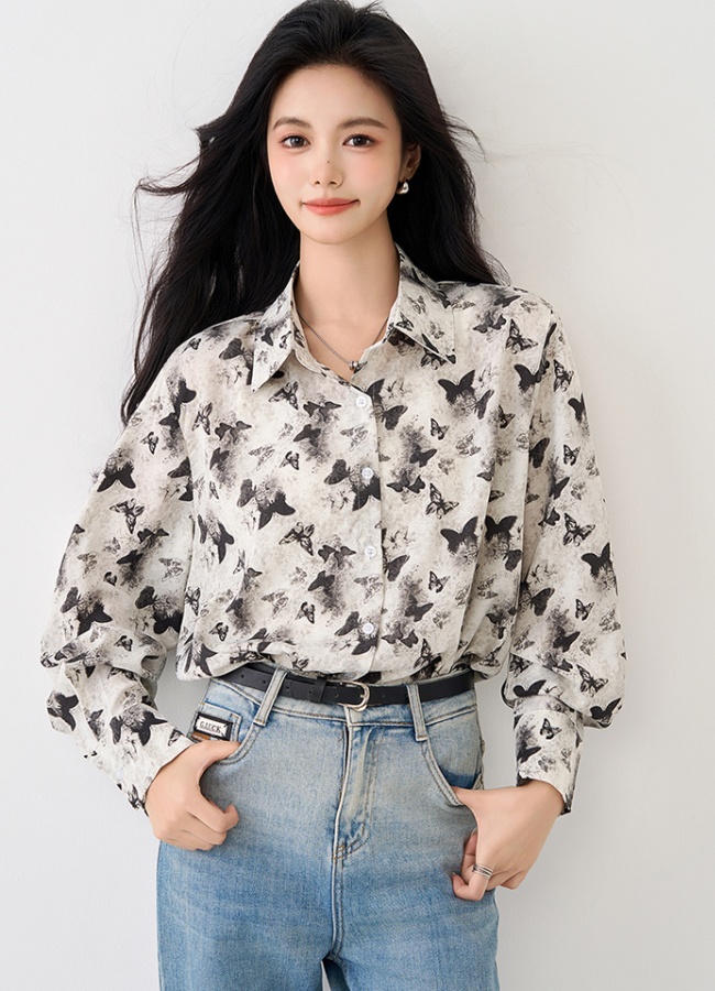 Butterfly long sleeve retro tops autumn loose chiffon shirt