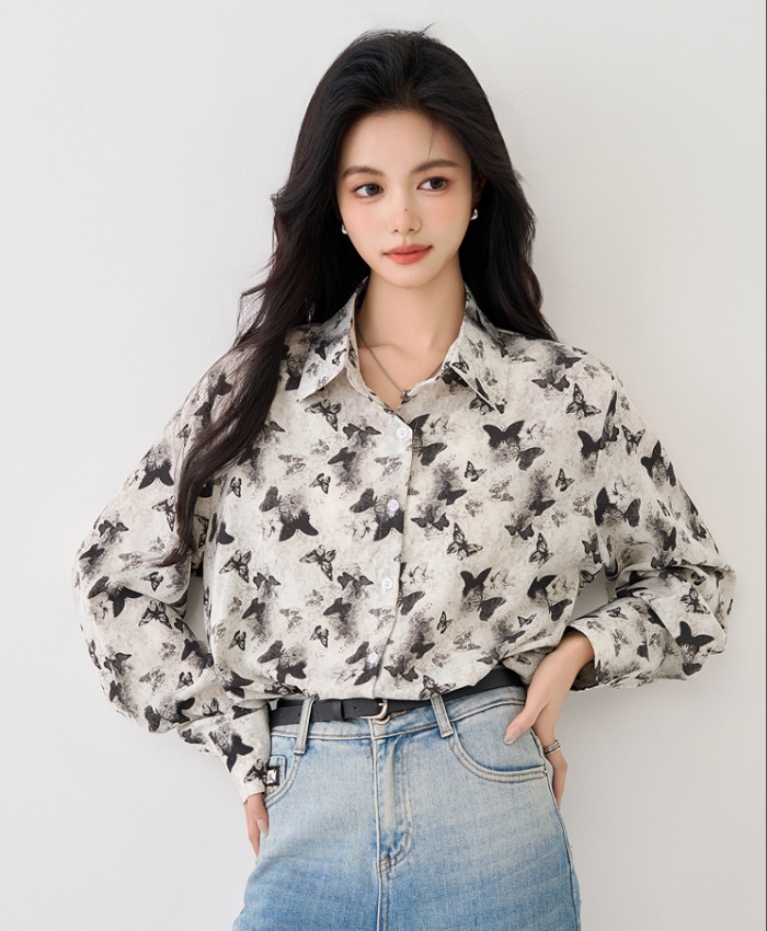 Butterfly long sleeve retro tops autumn loose chiffon shirt