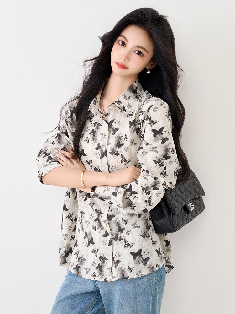 Butterfly long sleeve retro tops autumn loose chiffon shirt