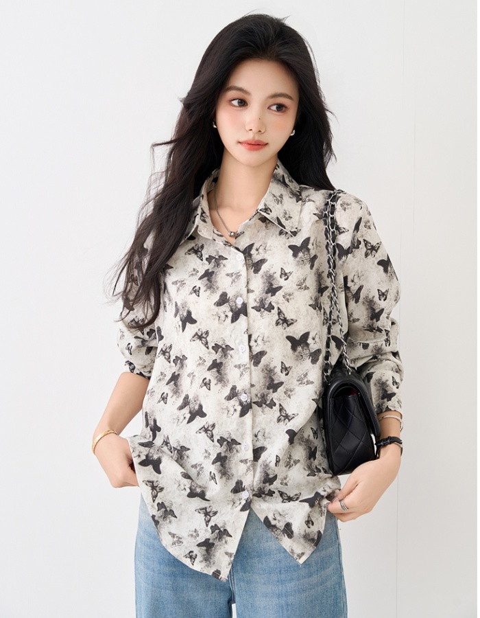 Butterfly long sleeve retro tops autumn loose chiffon shirt