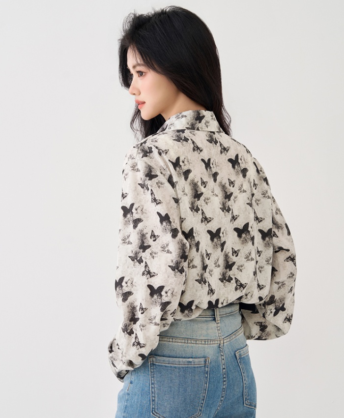 Butterfly long sleeve retro tops autumn loose chiffon shirt
