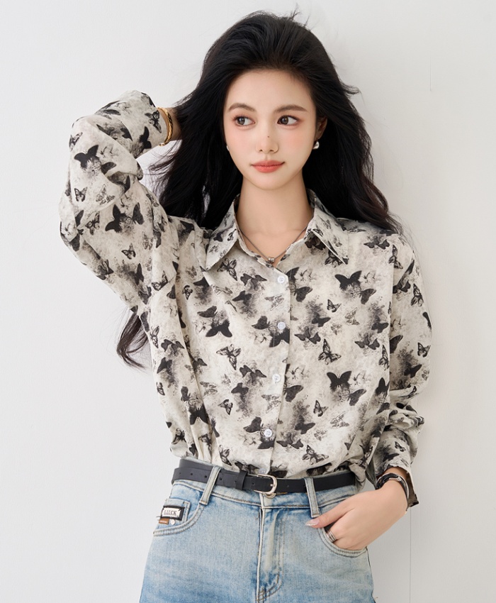 Butterfly long sleeve retro tops autumn loose chiffon shirt