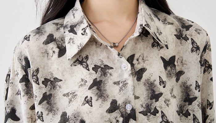 Butterfly long sleeve retro tops autumn loose chiffon shirt