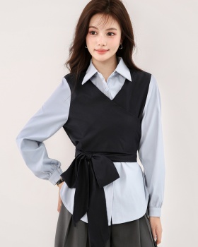 Pseudo-two long sleeve pinched waist bandage autumn shirt