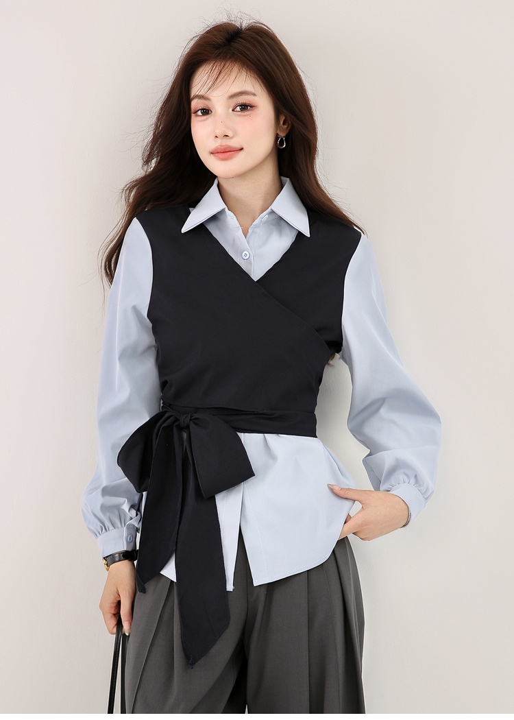 Pseudo-two long sleeve pinched waist bandage autumn shirt